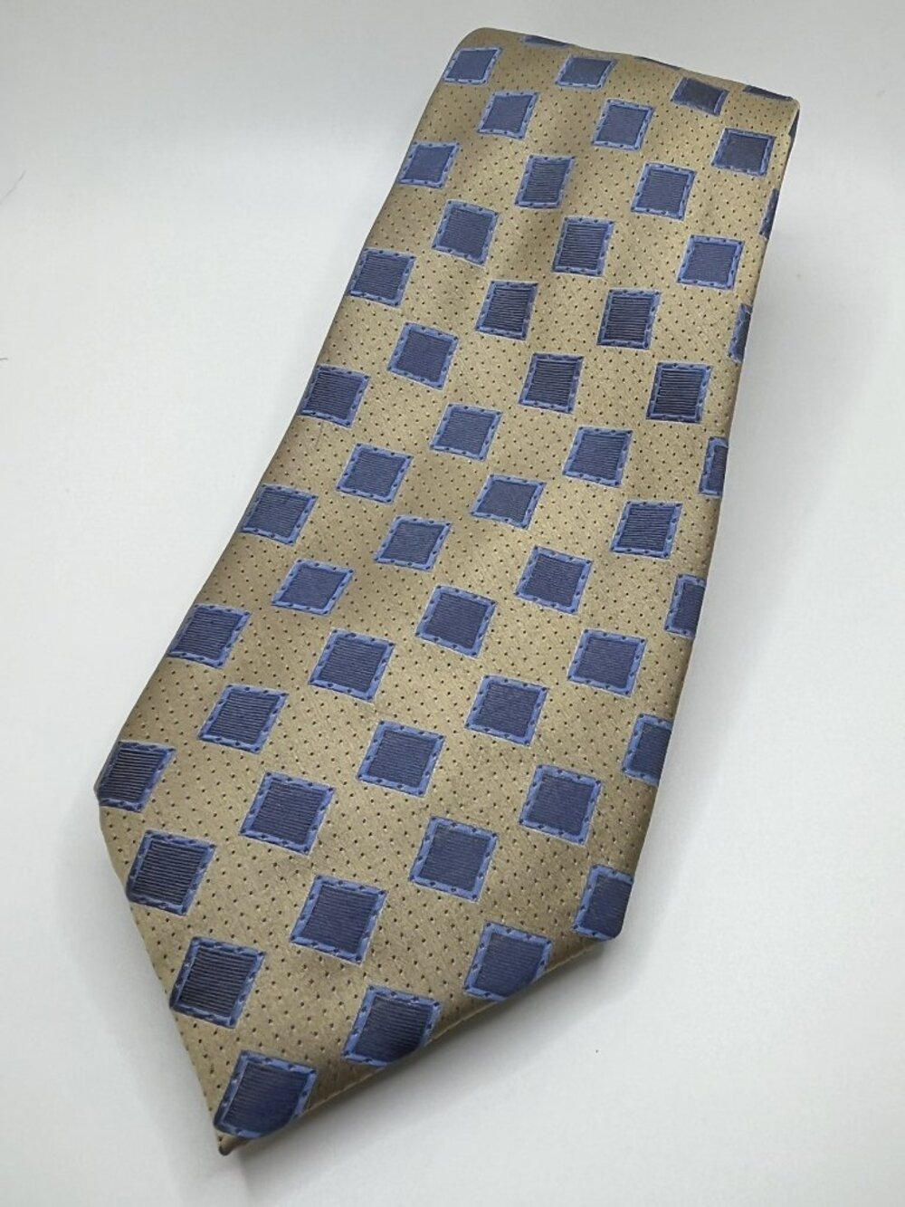 Henry Jacobson 100% Silk Tie Brown Tan Blue Geometric Squares Classic